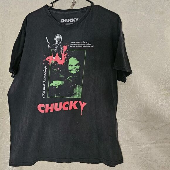 Chucky Horror T-Shirt Child’s Play 'Look Who's Stalking' Black Movie Tee - Picture 4 of 5